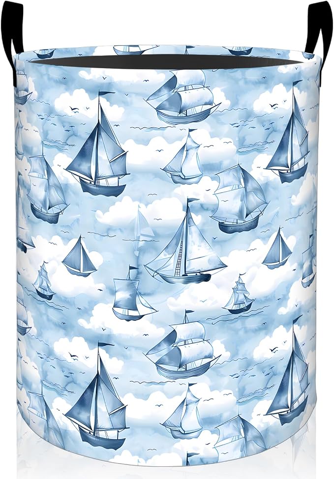 Sailboat Laundry Basket, Vintage Blue Ship Foldable Oxford Cloth, Waterproof Dirty Clothes Hamper with Handles, Clothing Storage Bin Toy Organizer for Bedroom Dorm Bathroom, 19.7"x15.7"