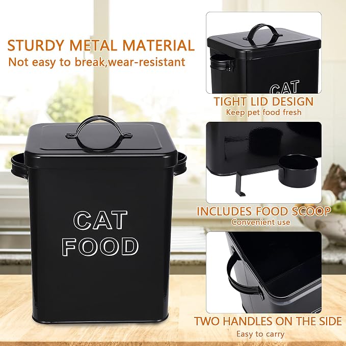 Pethiy Cat Food and Treats Containers Set with Scoop for Cats or Dogs -Tight Fitting Wood Lids - Coated Carbon Steel - Storage Canister Tins-Cat-Black