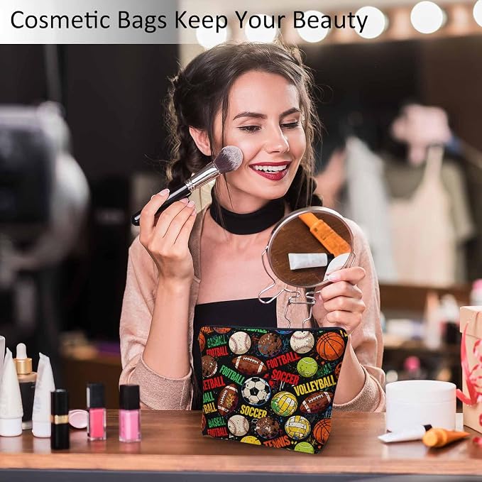 Woman Makeup Bag Sports Balls, Baseball Soccer Basketball Game Makeup Bags Travel Cosmetic Bags Toiletry Makeup Organizer Pencil Pouch Make Up Cosmetic Bag For Owners Lady Birthday Gifts