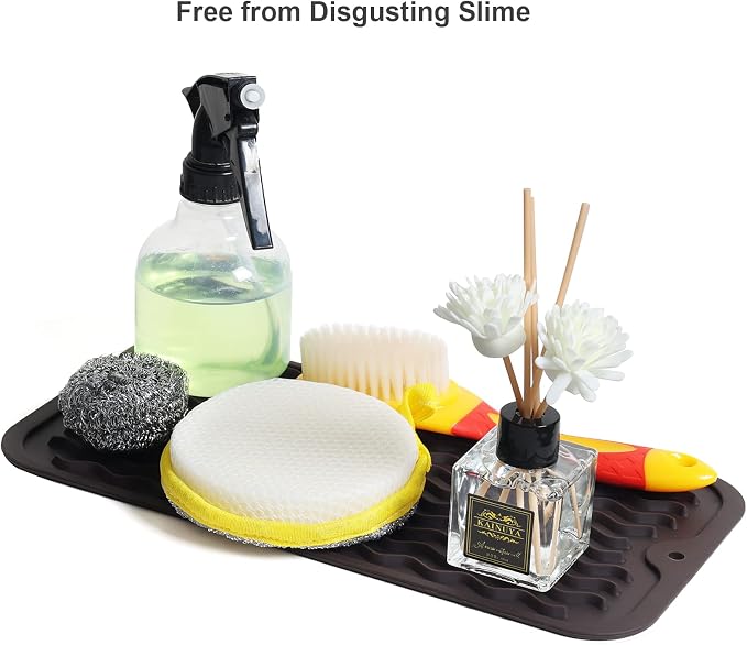 ZLR Silicone Sink Caddy & Sponge Holder, 6"x12", Coffee | Sink Organizer for Soap, Sponge & Brush, Doubles as Bathroom Vanity Tray, Raised Lip, Non-Slip Food-Grade Silicone