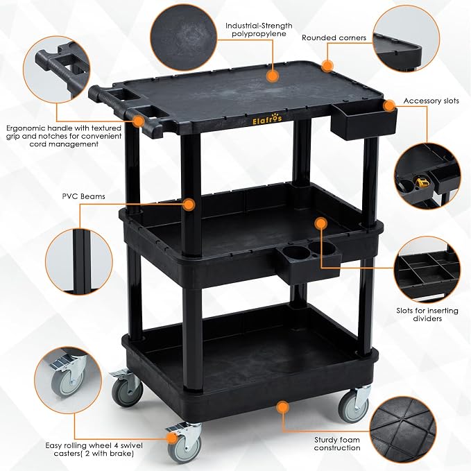 3-Tier Flat Top & Deep Tub Rolling Utility Cart, 27.5 x 18.25 in (Pack of 2)