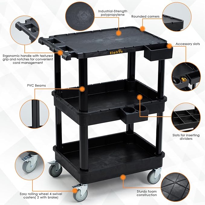 3-Tier Flat Top & Deep Tub Rolling Utility Cart, 27.5 x 18.25 in | 330 lbs Capacity, Heavy Duty Plastic, 4-Inch Wheels, Service Cart, Work Cart, Storage Organizer, Office Workshop Warehouse