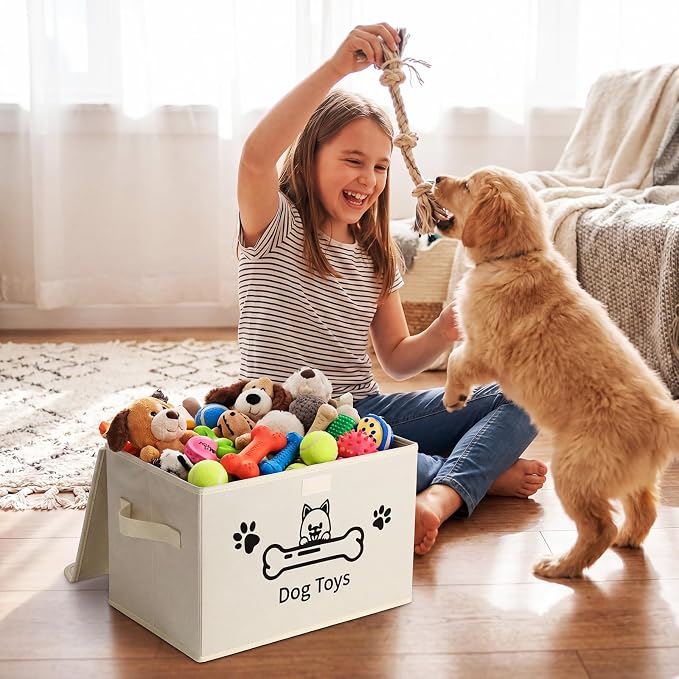 Novabright Dog Toy Basket with Lid Foldable Dog Toy Storage Bin with Clear Window Large Pet Storage Box with Handles for Pet Essentials Organization, 14.9 x 9.8 x 9.8 Inch(Beige)