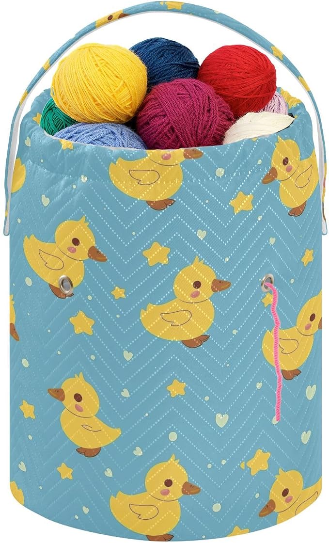 Fustylead Cute Yellow Duck and Hearts Stars Knitting Yarn Storage Tote Basket, Durable Polyester Large Crochet Drawstring Bag for Crocheting Project, Sewing Supplies, Needles