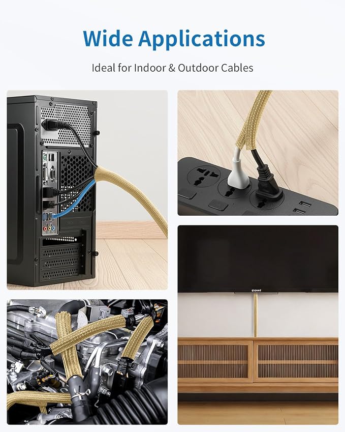 Yecaye 30ft - 1/2 inch Cord Protectors from Pets no Chew, Gold | Split Cable Management Sleeves, Wire Loom Tubing for TV USB Cord Protector, Cord Covers for Pets Bite-Resistant