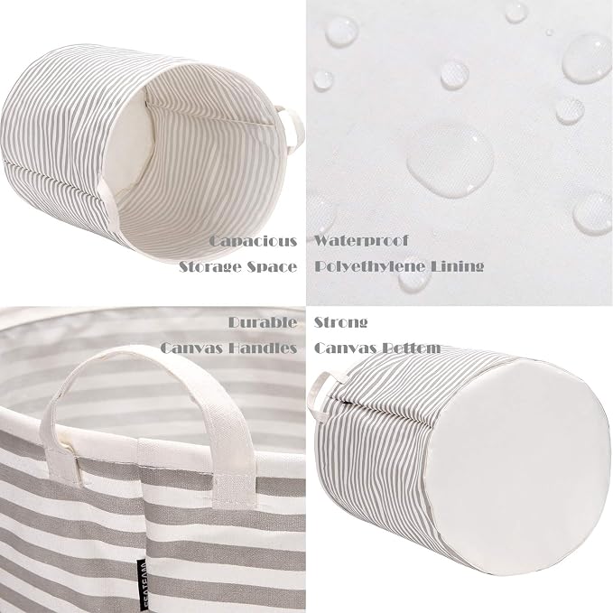 Sea Team Large Canvas Laundry Basket with Handles, Gray Stripes, 2-Pack | Collapsible Fabric Laundry Hamper, Closet Shelf Organizers, Containers for Clothing, Blankets, Toys, Bedding, 19.7 x 15.7”