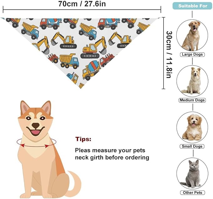 Summer Breathable Scarf for Small, Medium, Large Dogs Excavators Cars Construction Tractor and Cats, Washable Handkerchief with Adjustable Design