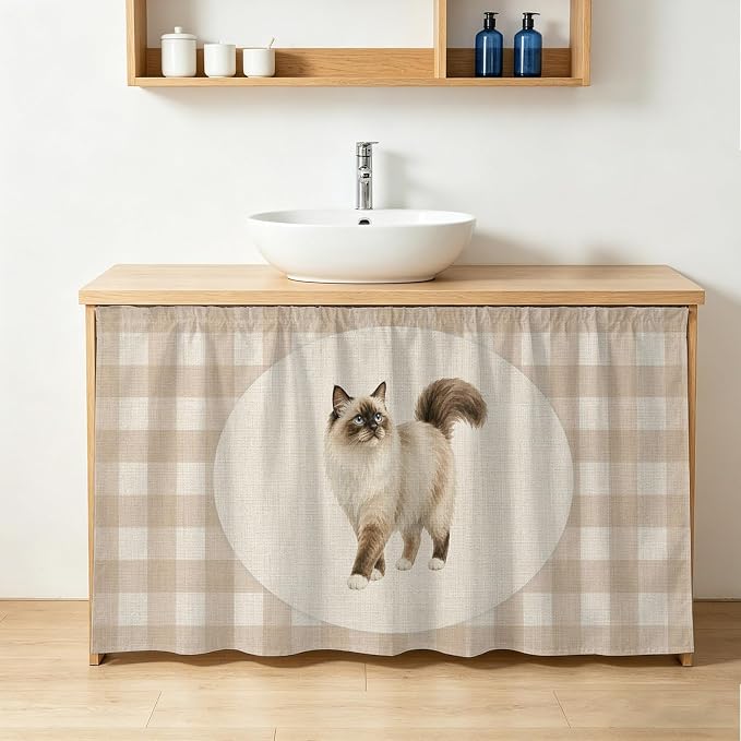 Ragdoll Cat Cabinet Curtains 28"x51" Sink Skirt for Bathroom Kitchen, Vintage Linen Plaid Farmhouse Pet Cats Self Stick Adhesive Under Desk Covers Tall Laundry Cabinet Storage Organizer