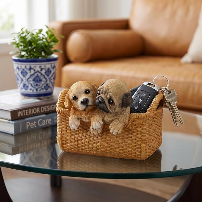 Labrador & Pug Statue Key Bowl for Entryway Table - Large Capacity Decorative Key Holder Bowl - Weighted Candy Dish for Office Desk, Stable Animal Storage Basket for Home Decor