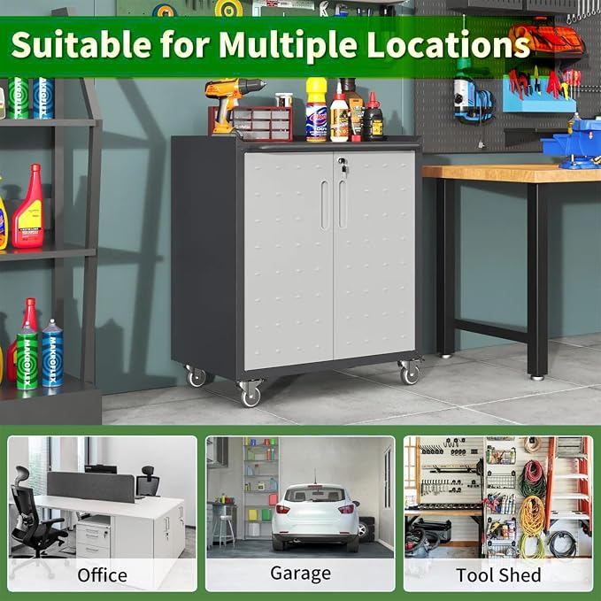 Garage Tool Storage Cabinet with Wheels & 2 Lockable Doors,Gray | Heavy Duty Steel Rolling Chests & Cabinets,Mobile Storage Cabinet for Basement,Workshop,Assembly Required