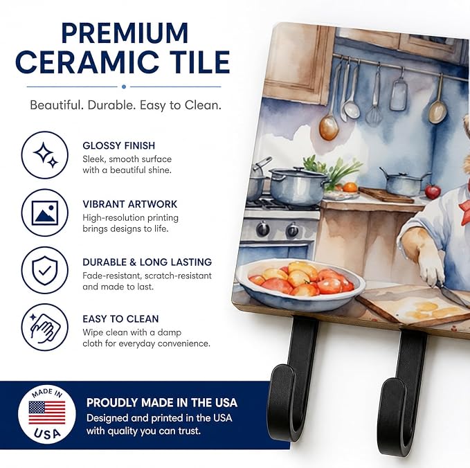 Caroline's Treasures Anatolian Shepherd The Chef Leash or Key Holder Wall Hooks, Key Hooks Holder, Coat Rack Wall Mount, Coat Hooks, Hooks for Hanging Keys, Towels, Aprons, Leashes | Anatolian Shepherd The Chef artwork on ceramic tile with three steel ...