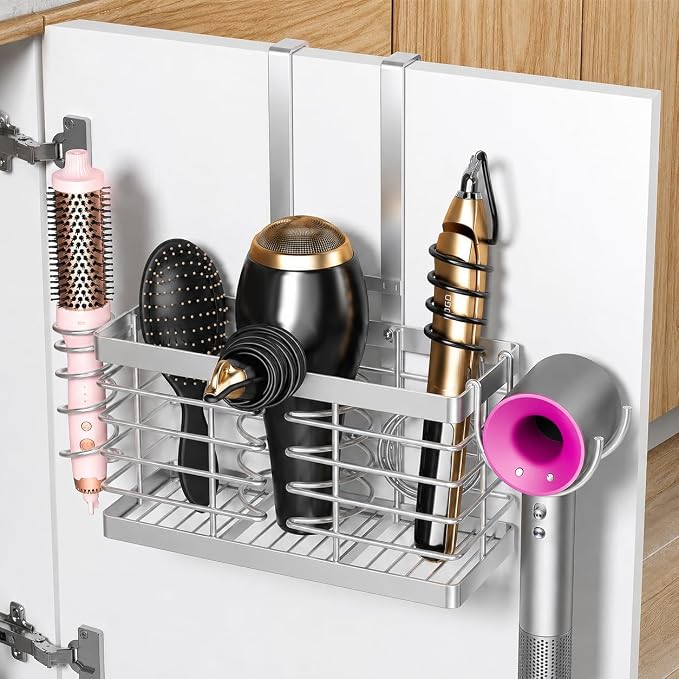 2026 Upgraded 3-in-1 Universal Hair Tool Organizer, L Size, Sliver | Adjustable Height Metal Hair Dryer Holder, Wall Mounted, Over Cabinet Door, Countertop, Bathroom Storage