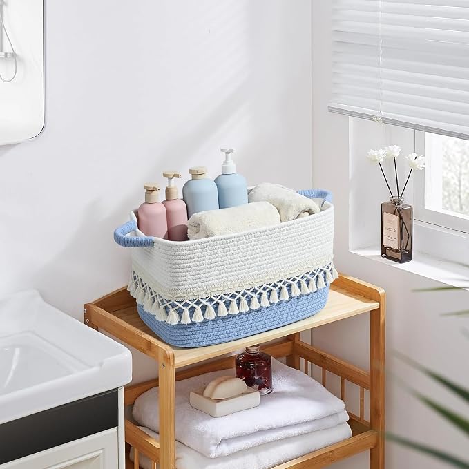 2 Pack Storage Basket, Heavy Tassel Woven Baskets for Storage, Boho Cotton Rope Storage Bin, Cube Organizer Bins, Baby Laundry Basket for Clothes, Toys, Diapers, Pets（White & Blue）