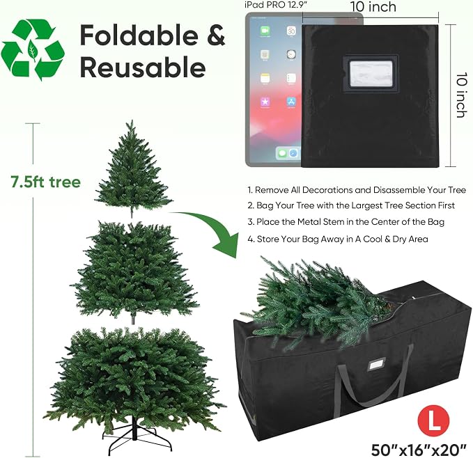 BALEINE 7.5 ft Extra Large Christmas Tree Storage Bag - Heavy Duty with Reinforced Handles and Dual Zippers for Wide Opening (Black)