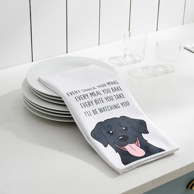 Set of 2 Waffle Weave Kitchen Towels, 380 GSM Absorbent Quick-Dry Microfiber Dish Towels, Funny Dog Tea Towels, 18 x 30 Inches, Gift for Dog Lovers, Kitchen Decor