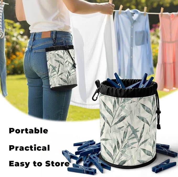 Bamboo Leaf Clothespin Bag Holder Hanging Clothespin Bag with Hooks Large Capacity Clothespin Storage Organizer for Clothesline Outdoor
