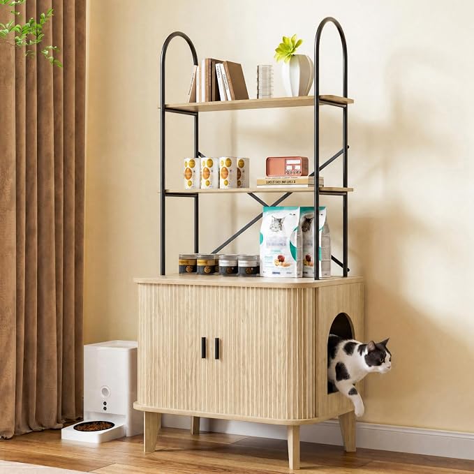 Cat Litter Box Enclosure Furniture,Hidden Litter Box Furniture Fit Most of Litter Boxes,Cat Washroom Cabinet and Pet House with Metal Frame for Living Room, Oak