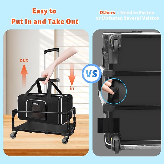 Small Pet Carrier 17"x11"x9.5" with Wheels Airline Approved, Black | for Alaska Airlines, Lockable Safety Zippers and Anti-Scratch Mesh, Pets Under 10 lbs