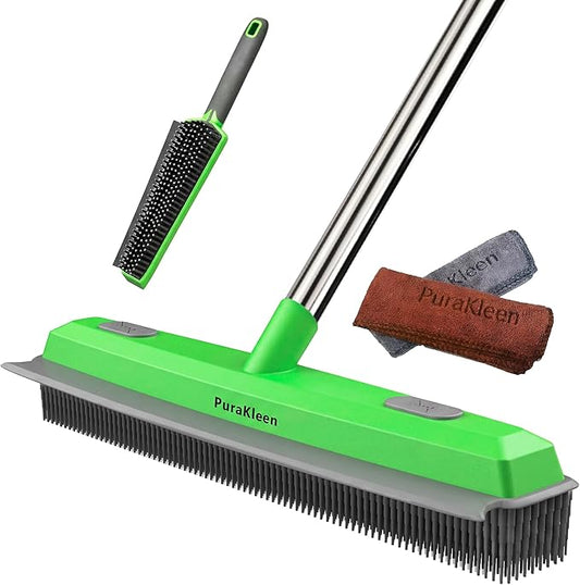 Rubber Broom for Pet Hair —Gets What Your Vacuum Misses,Non-Scratch Carpet Rake 24 "-61 "Adjustable Handle,4-in-1 (Squeegee+Pet Brush+2 Microfiber Cloth),Stairs,Corners, Rugs,Hardwood Green