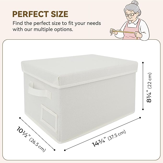 GRANNY SAYS Storage Bins with Lids, Decorative Storage Boxes with Lids | Storage Box with Dust Cover, Handles & Lable, Collapsible, Ideal for Closet Clothes Blanket Toys, Medium, Ivory, 3-Pack