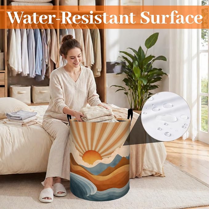 Retro Sunrise Laundry Basket, Vintage Mountain Wave Oxford Cloth Dirty Clothes Collapsible Hamper for Room Decor, Nature Gifts, Toy Organizer 19.7 x 15.7 Inches for Bedroom Bathroom Dorm