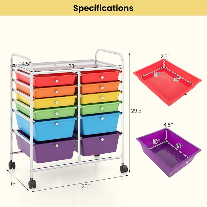 12 Drawer Rolling Storage Cart, Art Cart Organizer on Wheels, Mobile Utility Cart with Drawers, Multipurpose Craft Drawers for Home Office School Classroom (Multicolor)