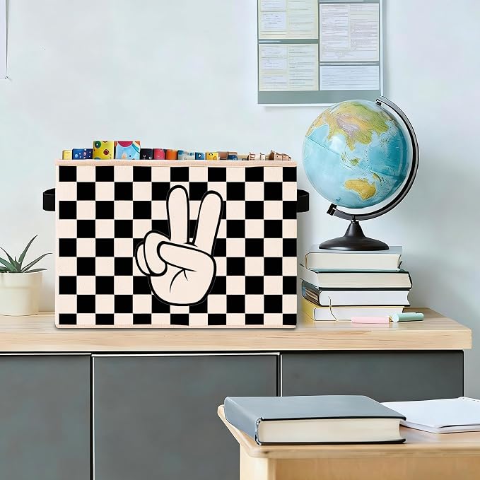 Checkered Storage Bin, Foldable Fabric Basket for Kids Room Nursery | Foldable fabric storage bin with positive quote design for toys, books, clothes, nursery, bedroom, and playroom use.