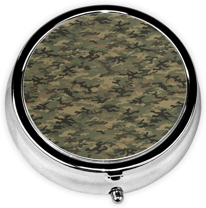 Portable Pill Box, Cute Round Container, Mini Organizer for Daily Meds, Purse Pocket Case for Commute Scenarios, Military Camouflage