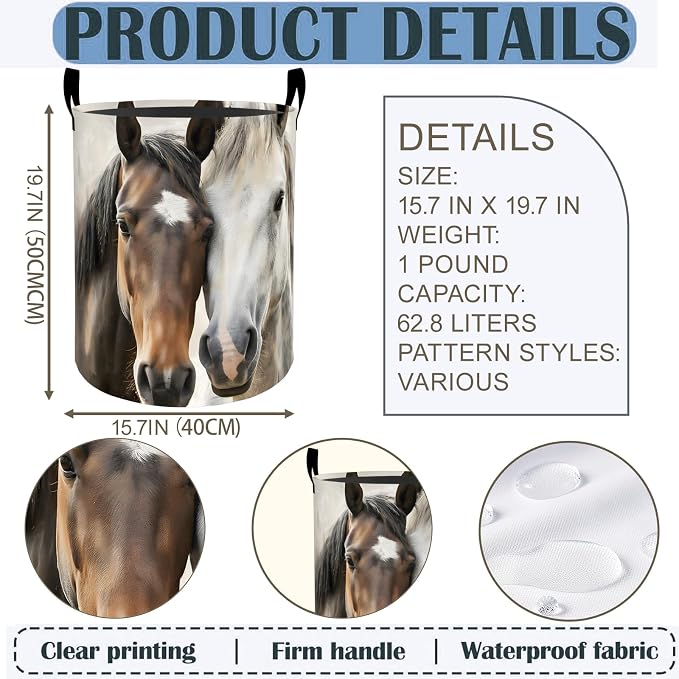 Horse Laundry Basket Hamper 19.7"x15.8", Horses Foldable Waterproof Oxford Clothes Storage Bucket for Room Bathroom Bedroom Nursery Decor, Toy Organizer Bins Gifts for Kids Boys Girls