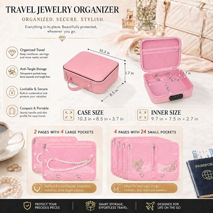 Fireproof Travel Jewelry Organizer Case with Lock & 6 Binder Pages | Silicone-Coated Fiberglass, Tangle-Reducing Layout Clear Storage Book for Necklaces Earrings Rings Bracelets-Bag Only Pink