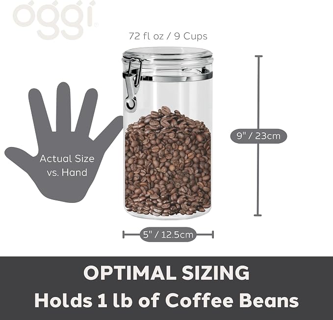 Oggi Large Clear Canister with Clamp Lid, 72 oz - Large Airtight Food Storage Container, for Kitchen & Pantry Storage of Bulk, Dry Foods, Pasta, Flour, Sugar, Coffee, Rice, Tea, Spices & Herbs