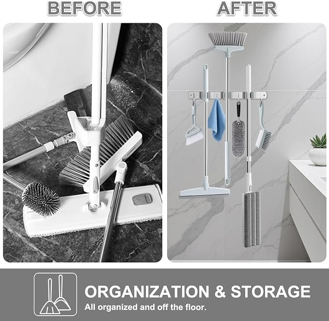 HANZENMA Broom Holder Wall Mount, Broom Organizer Wall Mount Stainless Steel Broom and Mop Hanger Heavy Duty Storage Organization for Home Kitchen Garden Garage Room 3 Racks 4 Hooks Grey