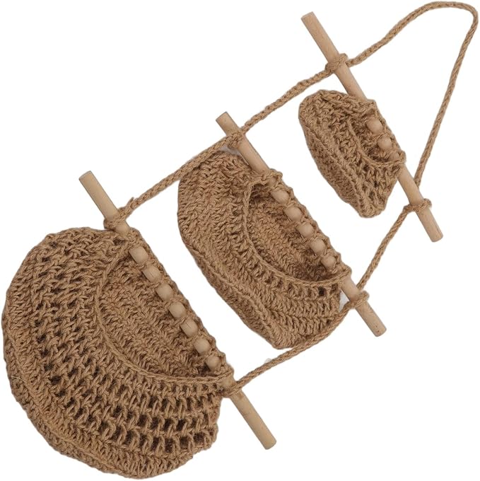 Handcrafted 3-Tier Hanging Wall Basket Made of Hemp Rope and Wood, Rustic Wall-Mounted Decor for Fruits, Plush Dolls