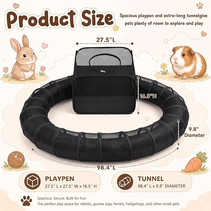 Lewtemi Guinea Pig Playpen with Tunnel 27.5x27.5x16.5 Inch, Breathable Mesh Rabbit Playpen for Bunny Hamster Ferret Chinchilla, Foldable Small Animal Enclosure Indoor Outdoor with Carry Bag, Black