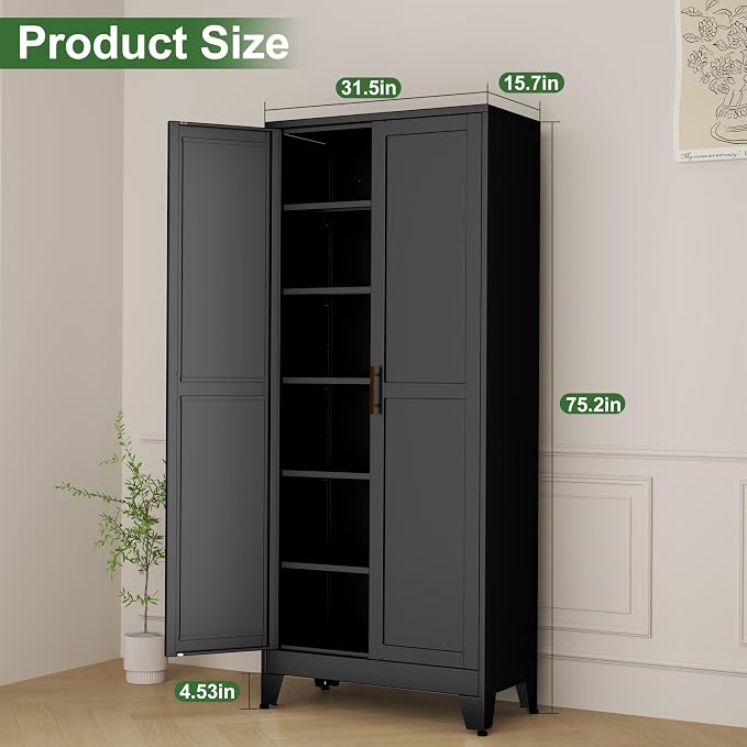 Ckzbx Metal Cabinets with Doors and Shelves, 75" H Black Storage Cabinet Pantry Cabinet Garage Cabinets for Kitchen,Living Room, Dinning Room