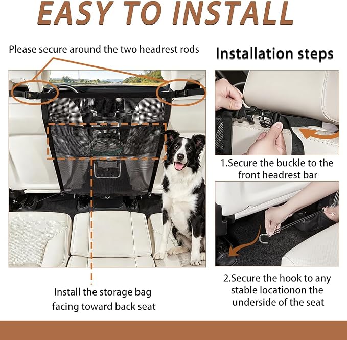 Dog Car Net Barrier, Dog Net for Car with Mesh Organizer | Universal Dog Car Barrier Fits Car/SUV/Truck/Van; Scratch-Resistant Mesh with Storage Pocket, Keeps Pets Safe in backseat