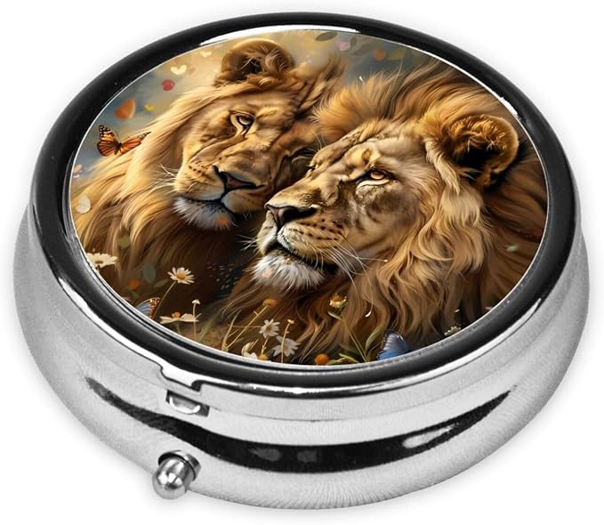 Couple Lions in Love Portable Pill Organizer | 3 Compartment, With Mirror, For Men Women, For Daily Supplements, Vitamins, Fish Oil, Jewelry, Candy, Travel