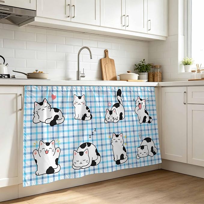 Cute Cat Cabinet Curtain 32"Wx55"L, Dustproof Pantry Door Curtain with Self Adhesive Tape, Modern Playful Pet Cats Blue Purple Plaid Tall Storage Cover Privacy Drape for Bathroom Kitchen Laundry Room