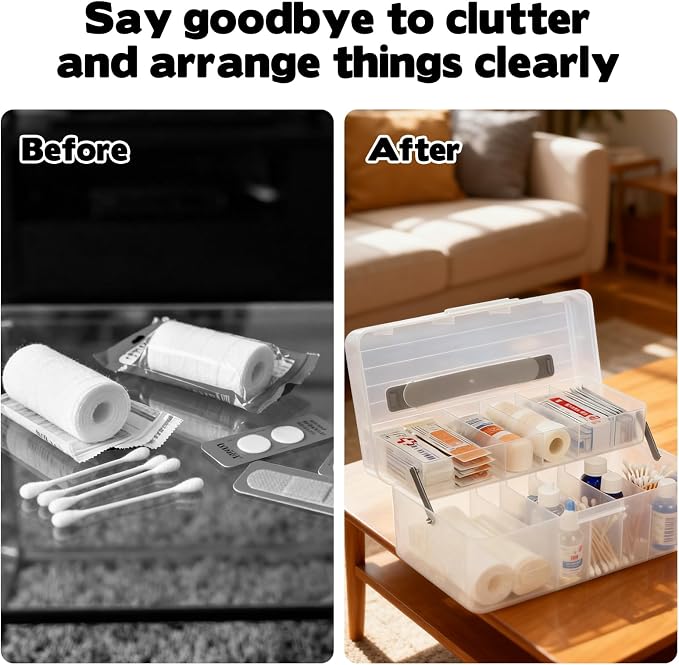 Clear Plastic Bandages Storage Organizer, 2 Tiers Bandage Storage with Lid and Handle, First Aid Box, Large Portable Medicine Container Holder Empty, Suitable for Home, Office, Travel, School, Office