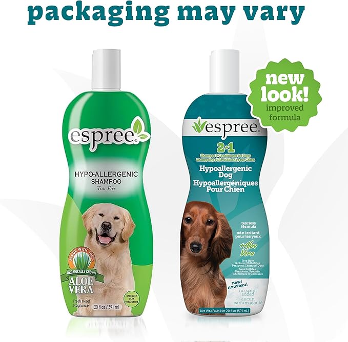 Espree Hypoallergenic Dog Shampoo & Conditioner, Dog Grooming Supplies, Tearless Formula with Aloe Vera, Made Without Sulfates, Parabens, Harsh Chemicals and Dyes, Safe for Sensitive Skin, 20oz