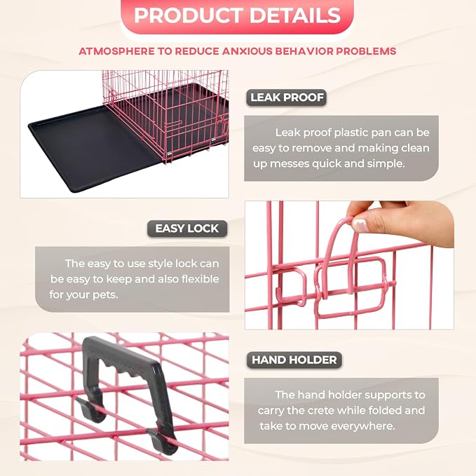 FDW Dog Crate Dog Kennel Cage with Double Door,36 inch Folding Metal Wire Dog Cage with Removable Tray&Divider Panel,Pet Crate for Medium Dogs,Pink