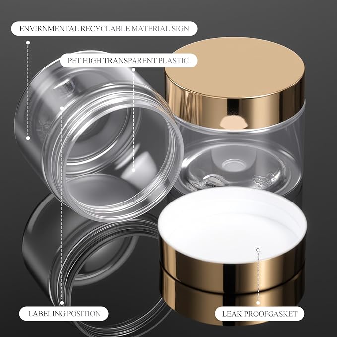 Patelai 60 Pcs Plastic Jars with Lids Round Clear Cosmetic Container Jars Leakproof Plastic Jar for Storing Dry Food Toiletries Lotion Ointments Makeup Rhinestone Samples Kitchen Storage(Gold,2 oz)