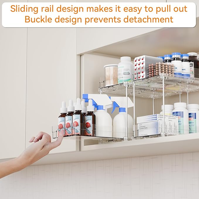 2 Set,2 Tier Pull Out Cabinet Organizer for Supplement and Medication Bottle Organizers,10.4" Deep Pantry Organizers Drawer and Sliding Clear Under Sink Organizer for Bathroom Vanity and Under Counter