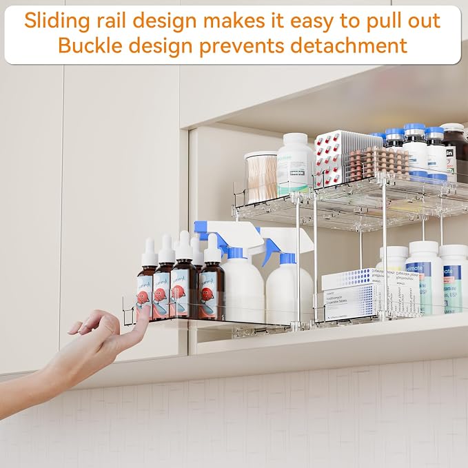 4 Set Bathroom Organizers and Storage,2 Tier Clear Under Sink Organizer and Medicine Cabinet Organizer for Kitchen,Pantry Storage,Pull Out Drawers for Skincare,Pill Bottle,Spice Organization