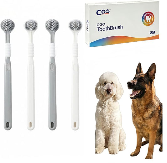 CGO Three-Sided Dog Toothbrush for Large Dogs – 4-Piece Three-Head Pet Toothbrush, Gentle Cleaning, Extra-Soft Bristles, Three-Sided Dog Teeth Cleaning Set, Comprehensive Oral Care (Gray-White)