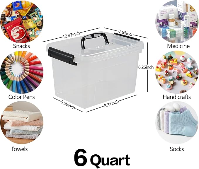 6 Quart Clear Lidded Organizer Bin 4 Pack | Plastic, Latch Storage Box