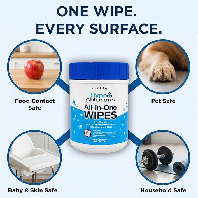 Hypochlorous Acid Wipes (2-Pack) – 200 Count Non-Toxic Cleaner for Skin, Baby, Pet, Home & Gym – Bleach-Free