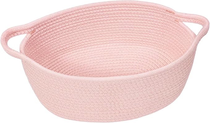 Goodpick Small Woven Rope Gift Basket Empty, 12"x 8"x 5", Pink | Baby Basket for Baby Showers Toys, Fits Living Room Nursery Bedroom Organization, with Durable Handles