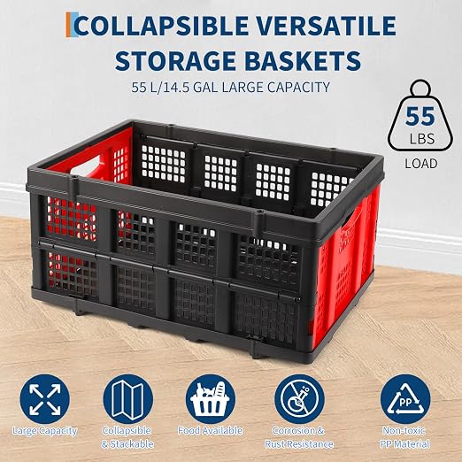 Garvee Collapsible Crate, 55L Foldable Plastic Milk Storage Crate, Red | Heavy Duty Stackable Plastic Crates Folding Storage Baskets for Groceries, Moving, Camping & Car Storage
