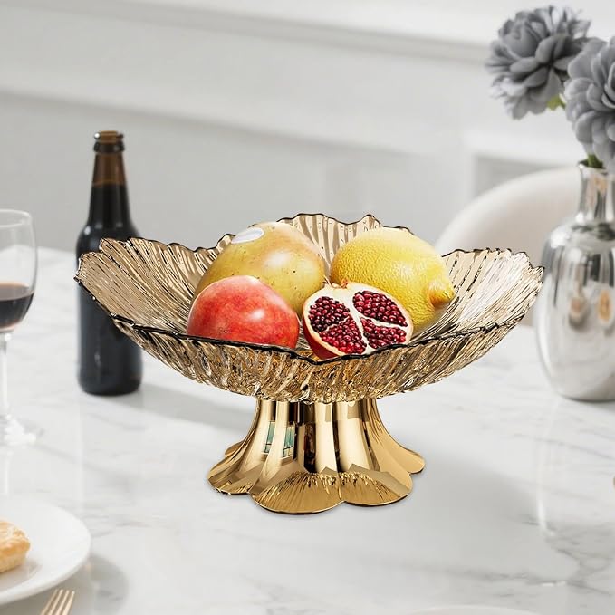 Pedestal Fruit Bowl, Snack Storage Holder, Fruit Tray, Dessert Display Stand, Decorative for Living Room Kitchen Home, E with Gold Base, Gold